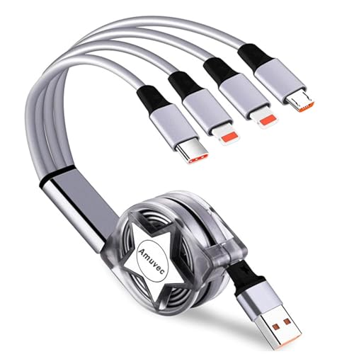 Amuvec Multi USB Mehrere Kabel 3A 1M, 4 in 1 Einziehbares Universal Ladekabel mit 2 Lightning Typ C Micro USB Anschluss, für iPhone, Samsung Galaxy S23 S21 S10, Huawei, LG, Xiaomi, Pixel, Sony, PS5 von Amuvec