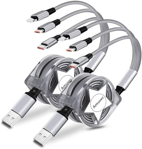 Amuvec Multi USB Mehrere Kabel [3A 1M 2Stück], 3 in 1 Einziehbares Universal Ladekabel mit 2*iP Typ C Micro USB Anschluss, für Phone, Samsung Galaxy S23 S21 S10, Huawei, LG, Xiaomi, Moto, Sony, PS5 von Amuvec
