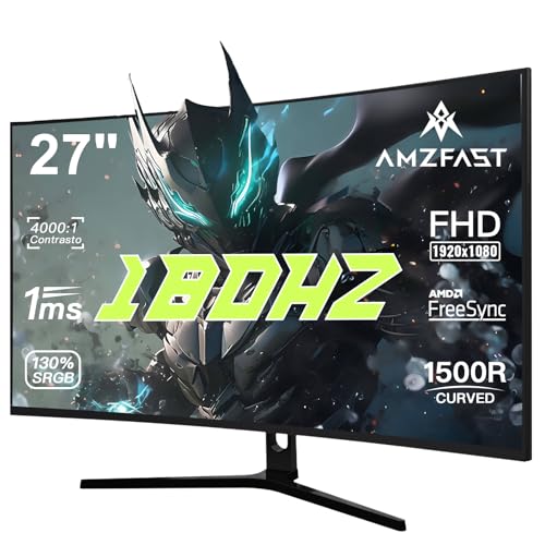 Amzfast 27 Zoll Curved Gaming Monitor - 180Hz, 1ms, AMD FreeSync, HDR10, DCI-P3 90%, Anti-Flicker/Glare, Low Blue Light, 1500R, VESA Mount, HDMI/DP, mit HDMI-Kabel, AMZG27C1 Amzfast 27 Zoll Curved Gaming Monitor - 180Hz, 1ms, AMD FreeSync, HDR10, DCI-P3 90%, Anti-Flicker/Glare, Low Blue Light, 1500R, VESA Mount, HDMI/DP, mit HDMI-Kabel, AMZG27C1 von Amzfast