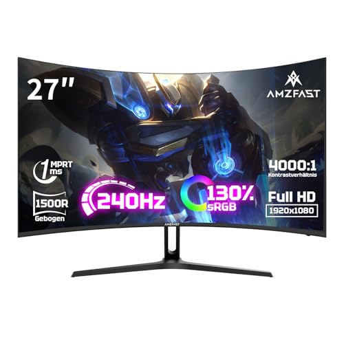 Amzfast Cured Monitor 27 Zoll 240Hz, VA Panel,FHD (1920x1080) Monitor, MPRT 1MS, Gaming Monitor 1500R, PC Bildschirm mit Lautsprecher, DP 1.4 HDMI 2.1 von Amzfast