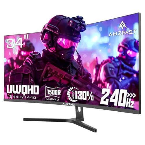 Amzfast Cured Monitor 34 Zoll 240Hz, VA Panel, WQHD Monitor (3440x1440), MPRT 1MS, 1500R, PC Bildschirm mit Lautsprecher, Adaptive Sync, DCI-P3 98%, sRGB 130%, 2X DP 1.4, 2X HDMI 2.1, Vesa 75 von Amzfast