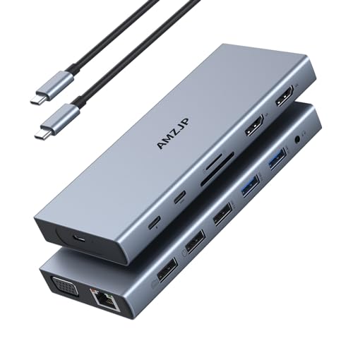 USB C Docking Station 2 Monitore, USB C Hub Multiport Adapter mit Dual HDMI 4K, VGA 1080P, USB-C Datenport, Gigabit Ethernet, 100W PD und 5 USB, 14-IN-1 USB C Dock für MacBook/Dell/Lenovo/HP von Amzjp