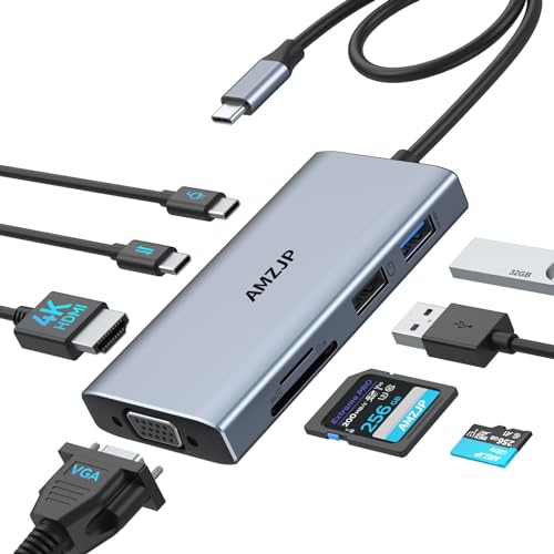 USB C Hub, USB C Adapter 8-IN-1 mit HDMI 4K, VGA 1080P, PD 100W, USB-C und 2 USB-A, SD&MicroSD, USB C Multiport Dock Kompatibel für MacBook Pro/Air, iPad Pro/iPhone 15, Dell XPS/Typ C Geräte von Amzjp