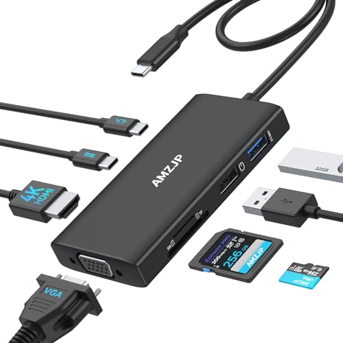 USB C Hub HDMI, USB C Adapter 8-IN-1 mit 4K HDMI, 1080P VGA, PD 100W, USB-C und 2 USB-A, SD&MicroSD, USB C Dock Multiport Kompatibel für MacBook Pro/Air, iPad Pro/iPhone 15, Dell XPS/Type C Geräte von Amzjp