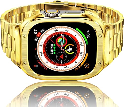 HASLFM Apple Watch Ultra Armband mit Gehäuse Kompatibel für Apple Watch Ultra/Ultra 2(49mm), Robustes Ersatzband und Edelstahl Metall Apple Watch Bänder für Männer Gold 2023 von Amznew