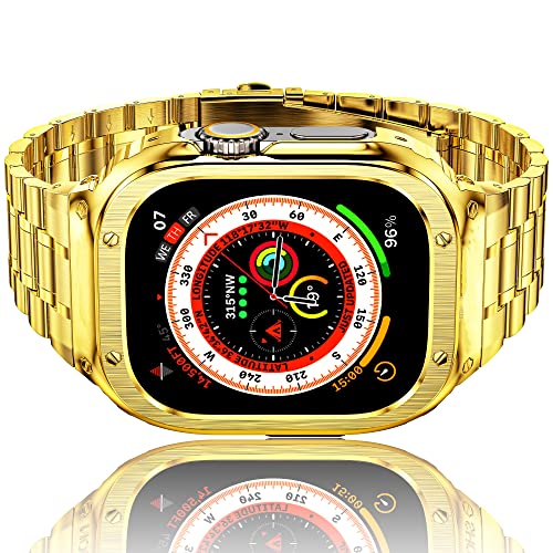 HASLFM Armband mit Gehäuse Kompatibel für Apple Watch Ultra/Ultra 2(49mm), Robustes Ersatzband und Edelstahl Metall iWatch 49mm Armband für Männer, Gold von Amznew