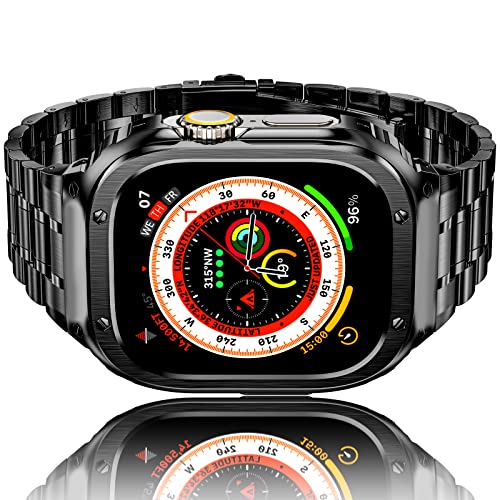 HASLFM Apple Watch Ultra Armband mit Gehäuse Kompatibel für Apple Watch Ultra/Ultra 2(49mm), Robustes Ersatzband und Edelstahl Metall Apple Watch Bänder für Männer Schwarz 2023 von Amznew