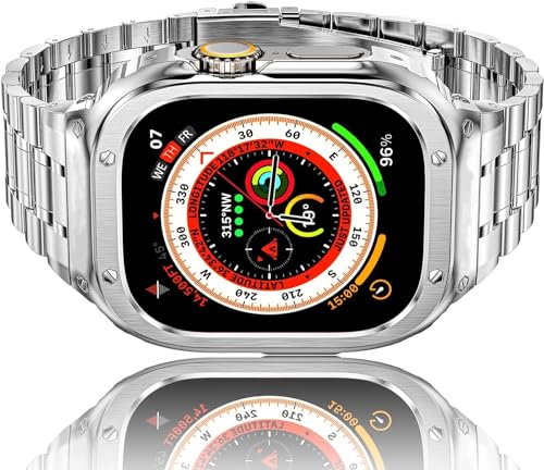 HASLFM Apple Watch Ultra Armband mit Gehäuse Kompatibel für Apple Watch Ultra/Ultra 2(49mm), Robustes Ersatzband und Edelstahl Metall Apple Watch Bänder für Männer Silber 2023 von Amznew