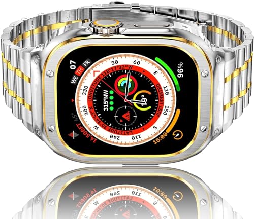 HASLFM Apple Watch Ultra Armband mit Gehäuse Kompatibel für Apple Watch Ultra/Ultra 2(49mm), Robustes Ersatzband und Edelstahl Metall Apple Watch Bänder für Männer Silber-Gold 2023 von Amznew