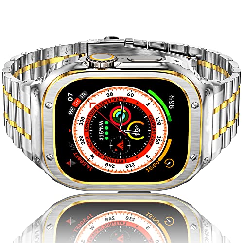 HASLFM Armband mit Gehäuse Kompatibel für Apple Watch Ultra/Ultra 2(49mm), Robustes Ersatzband und Edelstahl Metall iWatch 49mm Armband für Männer, Silber-Gold von Amznew