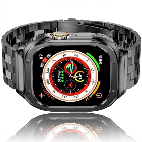 HASLFM Apple Watch Ultra Band mit Gehäuse Kompatibel für Apple Watch Ultra/Ultra 2(49mm), Edelstahl Metall iWatch Bänder und Schutzhülle, Robustes Ersatzband für Männer Grau von Amznew