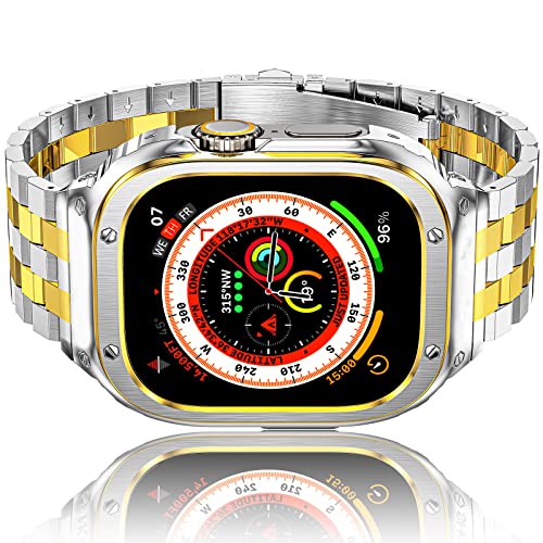 HASLFM Apple Watch Ultra Band mit Gehäuse Kompatibel für Apple Watch Ultra/Ultra 2(49mm), Edelstahl Metall iWatch Bänder und Schutzhülle, Robustes Ersatzband für Männer Silber-Gold von Amznew