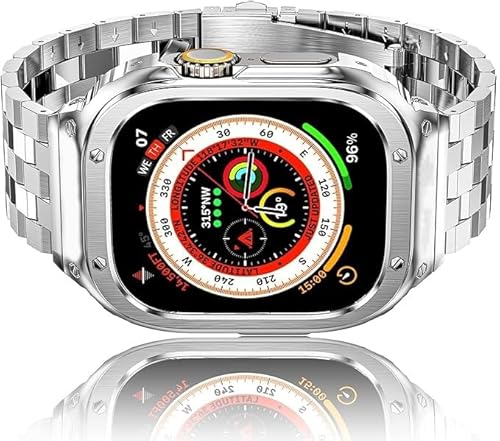 HASLFM Apple Watch Ultra Band mit Gehäuse Kompatibel für Apple Watch Ultra/Ultra 2(49mm), Edelstahl Metall iWatch Bänder und Schutzhülle, Robustes Ersatzband für Männer Silber von Amznew