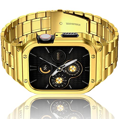 Armband Kompatibel mit Apple Watch 45mm (Serie 9 8 7), Robustes Edelstahl Metall Ersatz Armband mit Gehäuse Cover für iWatch Serie 9 8 7 für Männer, Gold von Amznew