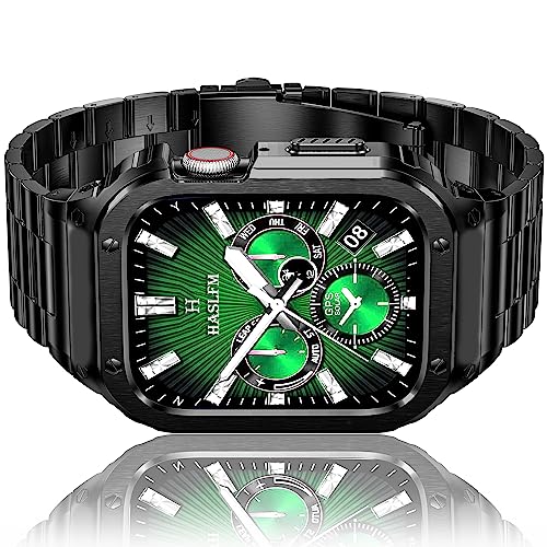 HASLFM Edelstahl Apple Watch Armband mit Gehäuse Kompatibel mit Apple Watch Series 6/5/4/SE/3/2/1(44mm/42mm),Robustes Metall iWatch Armband und Schutzhülle für Männer 2023,Schwarz von Amznew