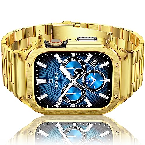 HASLFM Edelstahl Apple Watch Armband mit Gehäuse Kompatibel mit Apple Watch Series 6/5/4/SE/3/2/1(44mm/42mm),Robustes Metall iWatch Band und Schutzhülle für Männer 2023,Gold von Amznew