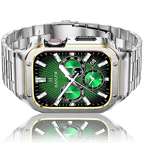 HASLFM Edelstahl Apple Watch Armband mit Gehäuse Kompatibel mit Apple Watch Series 6/5/4/SE/3/2/1(44mm/42mm),Robustes Metall iWatch Band und Schutzhülle für Männer 2023,Silber-Gold von Amznew