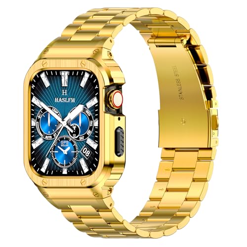 HASLFM Edelstahl Apple Watch Armband mit Gehäuse Kompatibel mit Apple Watch Series 9/8/7(45mm), Robuste Metall iWatch Bänder und Schutzhülle für Männer, Gold von Amznew