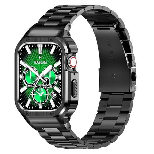 HASLFM Edelstahl Apple Watch Armband mit Gehäuse Kompatibel mit Apple Watch Series 9/8/7(45mm), Robuste Metall iWatch Bänder und Schutzhülle für Männer, Schwarz von Amznew