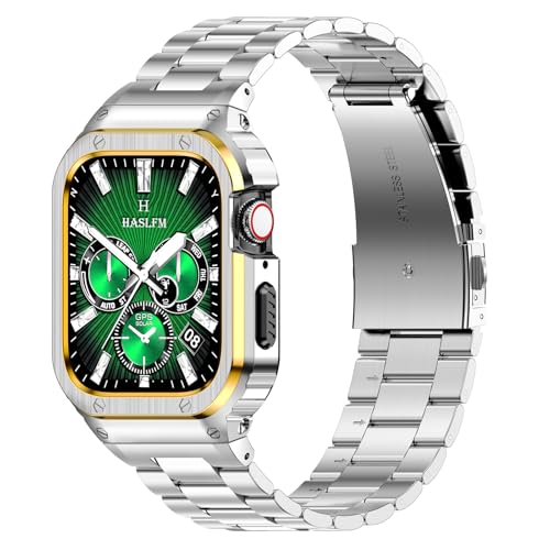 HASLFM Edelstahl Apple Watch Armband mit Gehäuse Kompatibel mit Apple Watch Series 9/8/7(45mm), Robuste Metall iWatch Bänder und Schutzhülle für Männer, Silber-Gold von Amznew