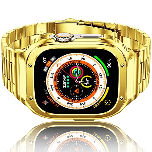 HASLFM Edelstahl Apple Watch Armband mit Gehäuse Kompatibel mit Apple Watch Ultra/Ultra 2(49mm),Metall iWatch Band und Schutzhülle, Robustes Ersatzband für Männer 2023,Gold von Amznew