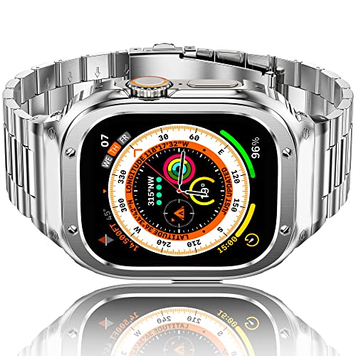 HASLFM Edelstahl Apple Watch Armband mit Gehäuse Kompatibel mit Apple Watch Ultra/Ultra 2(49mm),Metall iWatch Band und Schutzhülle, Robustes Ersatzband für Männer 2023,Silber von Amznew