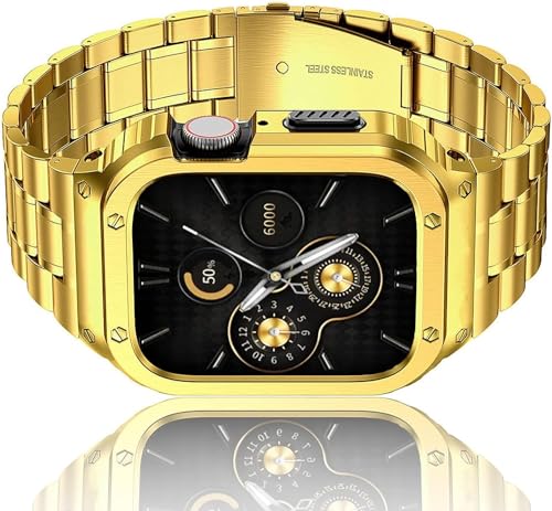 HASLFM Edelstahl Uhrengehäuse mit Armband Kompatibel für Apple Watch Bands Serie 9/8/7/6/5/4/SE(41mm/40mm/38mm), Robustes Ersatzarmband und Metall Schutzhülle für Männer Gold 2023 von Amznew