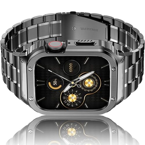 HASLFM Edelstahl Uhrengehäuse mit Armband Kompatibel für Apple Watch Bands Series 6/5/4/SE/3/2/1(44mm/42mm), Robustes iWatch Band und Metall Schutzhülle für Männer Grau von Amznew