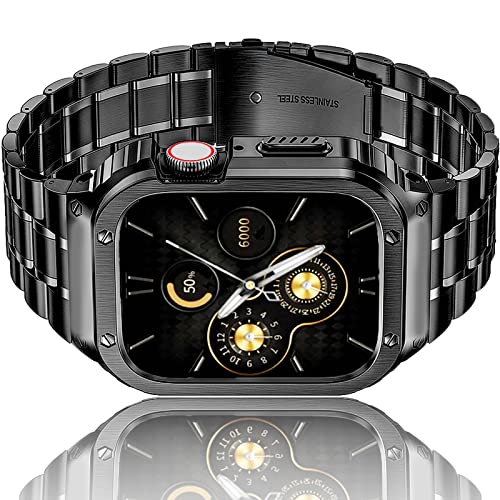 HASLFM Edelstahl Uhrengehäuse mit Armband Kompatibel für Apple Watch Bands Series 6/5/4/SE/3/2/1(44mm/42mm), Robustes iWatch Band und Metall Schutzhülle für Männer Schwarz von Amznew