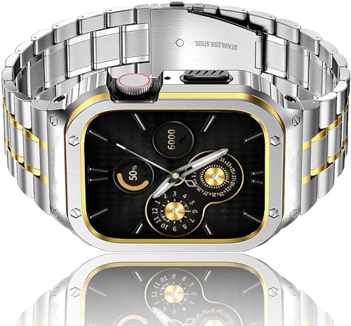 HASLFM Edelstahl Uhrengehäuse mit Armband Kompatibel für Apple Watch Bands Series 6/5/4/SE/3/2/1(44mm/42mm), Robustes iWatch Band und Metall Schutzhülle für Männer Silber-Gold von Amznew