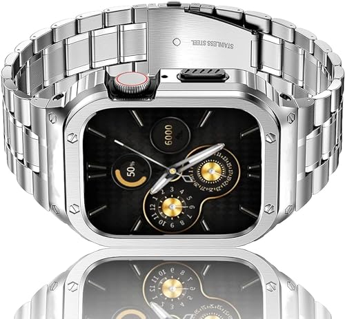HASLFM Edelstahl Uhrengehäuse mit Armband Kompatibel für Apple Watch Bands Series 6/5/4/SE/3/2/1(44mm/42mm), Robustes iWatch Band und Metall Schutzhülle für Männer Silber von Amznew