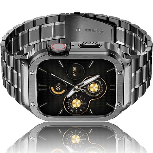 HASLFM Edelstahl Uhrengehäuse mit Armband Kompatibel für Apple Watch Bands Series 9/8/7(45mm), Robustes Ersatzband und Metall Schutzhülle für Männer Grau 2023 von Amznew