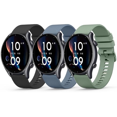 Amzpas 3 Stück Armband für Amazfit GTR 3 Armband,22mm Silikon Ersatzarmbänder Uhrenarmband für Amazfit GTR 4/3Pro/2/2e/Balance/Stratos 2S/Pace/Bip 5/BIP 6(Schwarz/BlauGrau/Grün) von Amzpas