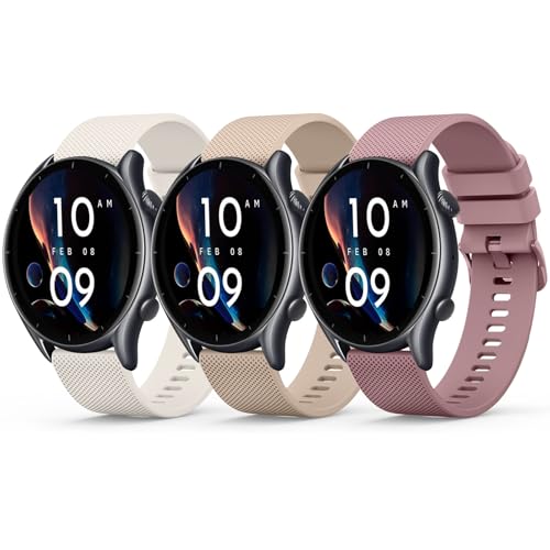 Amzpas 3 Stück Armband für Amazfit GTR 3 Armband,22mm Silikon Ersatzarmbänder Uhrenarmband für Amazfit GTR 4/3Pro/2/2e/Balance/Stratos 2S/Pace/Bip 5/BIP 6(Starlight/Violett/Milchtee) von Amzpas