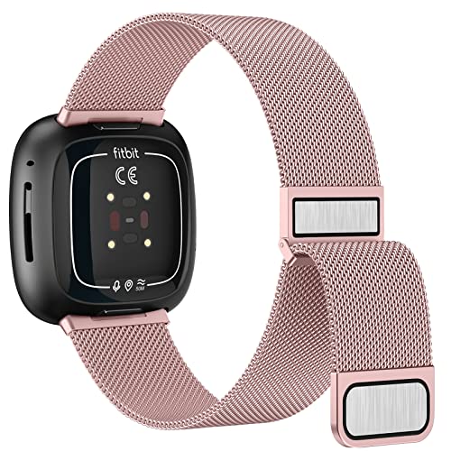 Amzpas Armband für Fitbit Versa 3 Armband Damen Herren,Edelstahl Metall Mesh Ersatzarmband Magnetschloss Uhrenarmband für Fitbit Versa 4 Armband/Fitbit Sense Armband/Fitbit Sense 2 (Rosa) von Amzpas