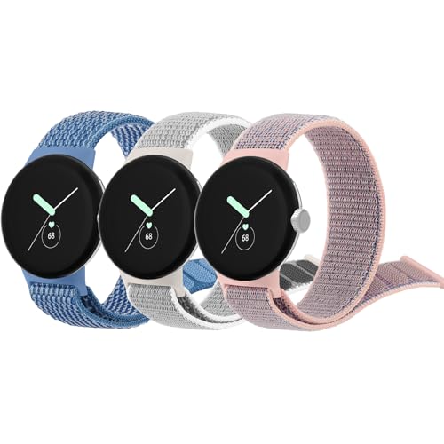 Amzpas für Google Pixel Watch 2 Armband Damen Herren,Nylon Sport Loop 3PACK Ersatzarmbänder für Google Pixel Watch Armband (Grau/RosaSand/Blau) von Amzpas