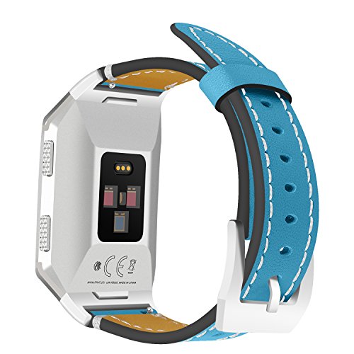 AISPORTS Lederband Kompatibel mit Fit bit Ionic Armband für Frauen Männer, Fit bit Ionic Armband Leder Weich Atmungsaktiv Sport Armband Metall Schnalle Armband Ersatzband für Fit bit Ionic Smartwatch von AnGolf