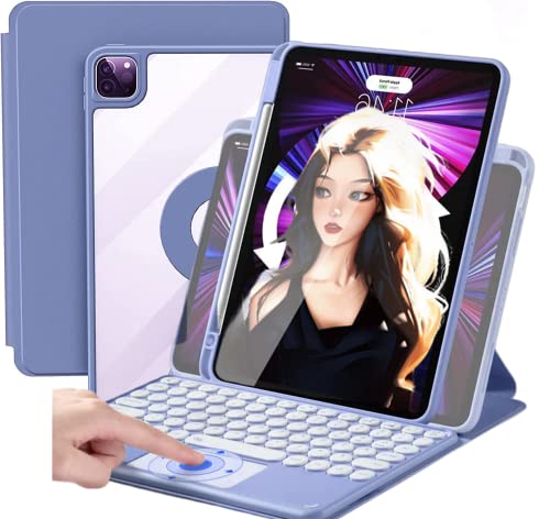 AnMengXinLing iPad 10,2 Zoll 9./8./7. Generation Tastaturhülle, 3-in-1 magnetische, drehbare, abnehmbare transparente Hülle mit Stifthalter und runden Tasten, Touchpad-Tastatur, Lavendelviolett von AnMengXinLing