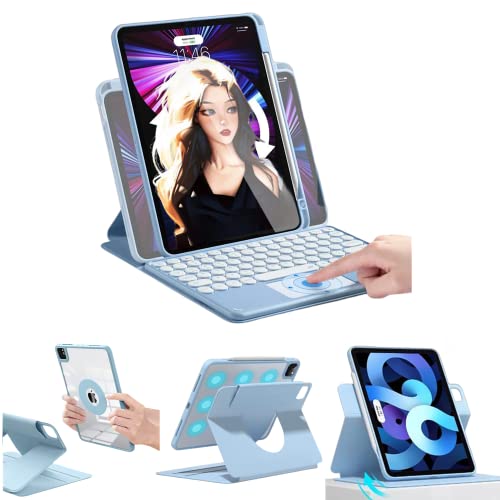 AnMengXinLing iPad 10,2 Zoll 9./8./7. Generation Tastaturhülle, 3-in-1 magnetische, drehbare, abnehmbare transparente Hülle mit Stifthalter und runden Tasten, Touchpad-Tastatur (blau) von AnMengXinLing