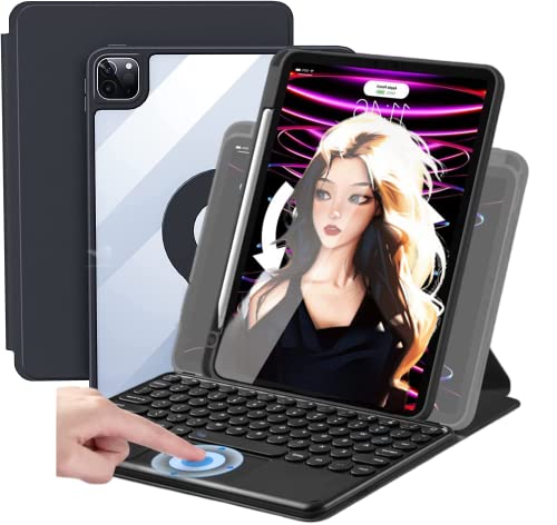 AnMengXinLing iPad 10,2 Zoll 9./8./7. Generation Tastaturhülle, 3-in-1 magnetische, drehbare, abnehmbare transparente Hülle mit Stifthalter und runden Tasten, Touchpad-Tastatur (schwarz) von AnMengXinLing