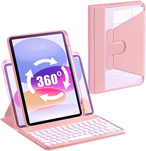 Tastaturhülle für iPad Air 5. Generation,4. Generation,iPad Pro 11 (3.,2.,1.,3.,drehbar, mit Tastatur, abnehmbare runde Tasten, transparente Abdeckung mit Stifthalter, rosa von AnMengXinLing