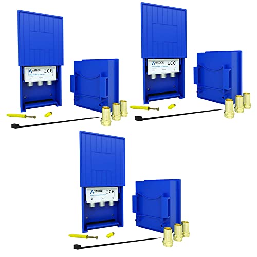 3X Anadol 2/1 Diseqc Schalter 2.0 - Digital Sat Switch für Verteilung von 2 Satellit auf 1 Teilnehmer, 2-1 LMB Schalter Verteiler, Full HD + 9X vergoldete F-Stecker + Kabelbinder + Dübel Schrauben von Anadol