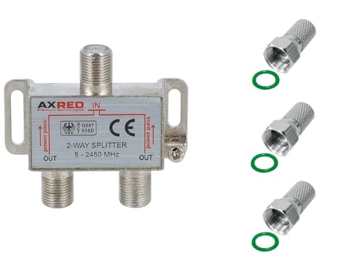 AXRED Sat Verteiler 2fach + 3X Anadol F-Stecker, für Verteilung von 1 Antennensignal auf 2 Endgeräte (Receiver/Fernseher/UKW Radio) 2-Fach Satverteiler Sat Splitter Satswitch Antennenverteiler von Anadol