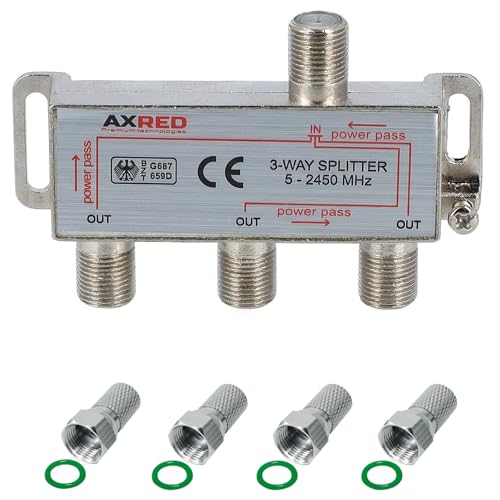 AXRED Sat Verteiler 3fach + 4X Anadol F-Stecker, für Verteilung von 1 Antennensignal auf 3 Endgeräte (Receiver/Fernseher/UKW Radio) 3-Fach Satverteiler Sat Splitter Satswitch Antennenverteiler von Anadol