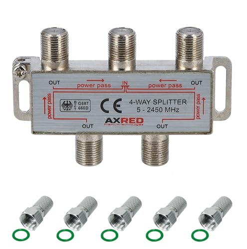 AXRED Sat Verteiler 4fach + 5X Anadol F-Stecker, für Verteilung von 1 Antennensignal auf 4 Endgeräte (Receiver/Fernseher/UKW Radio) 3-Fach Satverteiler Sat Splitter Satswitch Antennenverteiler von Anadol