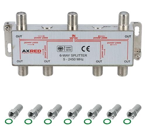 AXRED Sat Verteiler 6fach + 7X Anadol F-Stecker, für Verteilung von 1 Antennensignal auf 6 Endgeräte (Receiver/Fernseher/UKW Radio) 3-Fach Satverteiler Sat Splitter Satswitch Antennenverteiler von Anadol