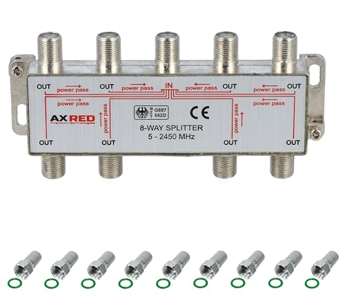 AXRED Sat Verteiler 8fach + 9X Anadol F-Stecker, für Verteilung von 1 Antennensignal auf 8 Endgeräte (Receiver/Fernseher/UKW Radio) 3-Fach Satverteiler Sat Splitter Satswitch Antennenverteiler von Anadol