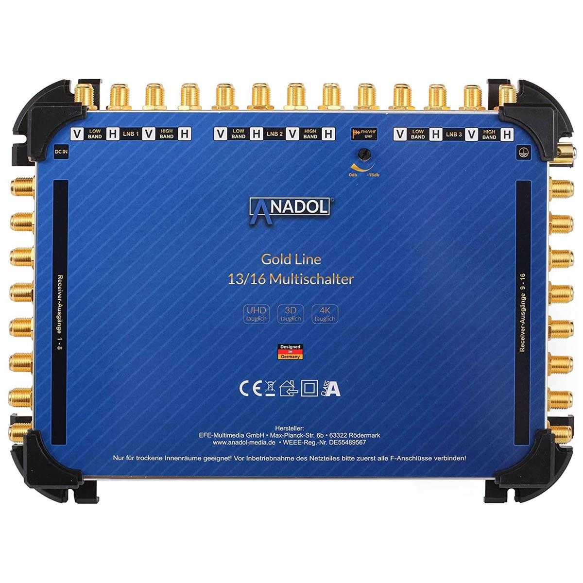 Anadol Gold Line 13/16 Multischalter (für 3 Satelliten & 16 Teilnehmer +29 vergoldete F-Stecker) von Anadol