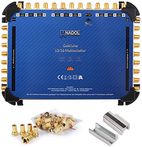 Anadol Gold Line 13/16 Multischalter - für 3 Satellite & 16 Teilnehmer/Receiver/TV - geringe Stromaufnahme, Multiswitch - Digital, HD, 4K, externes Netzteil + Aufdrehhilfe + 29 F-Stecker von Anadol