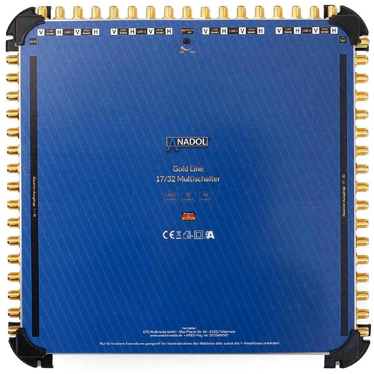 Anadol Gold Line 17/32 Multischalter (für 4 Satelliten & 32 Teilnehmer +49 vergoldete F-Stecker) von Anadol